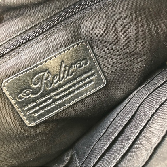 RELIC Utility Pocket Shoulder Bag Embossed Flower Print Black Leather Wallet - Picture 7 of 11